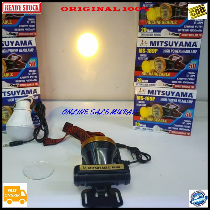 G402 Mitsuyama ORI 100% led lampu senter kepala pala cas casan headlamp head lamp baterai putih kuning led sinar cahaya terang rechargealble tahan air waterproof baterry charger multi universal original  20 WATT  TAHAN 12 JAM  BONUS LAMPU GANTUNG LED  WAR