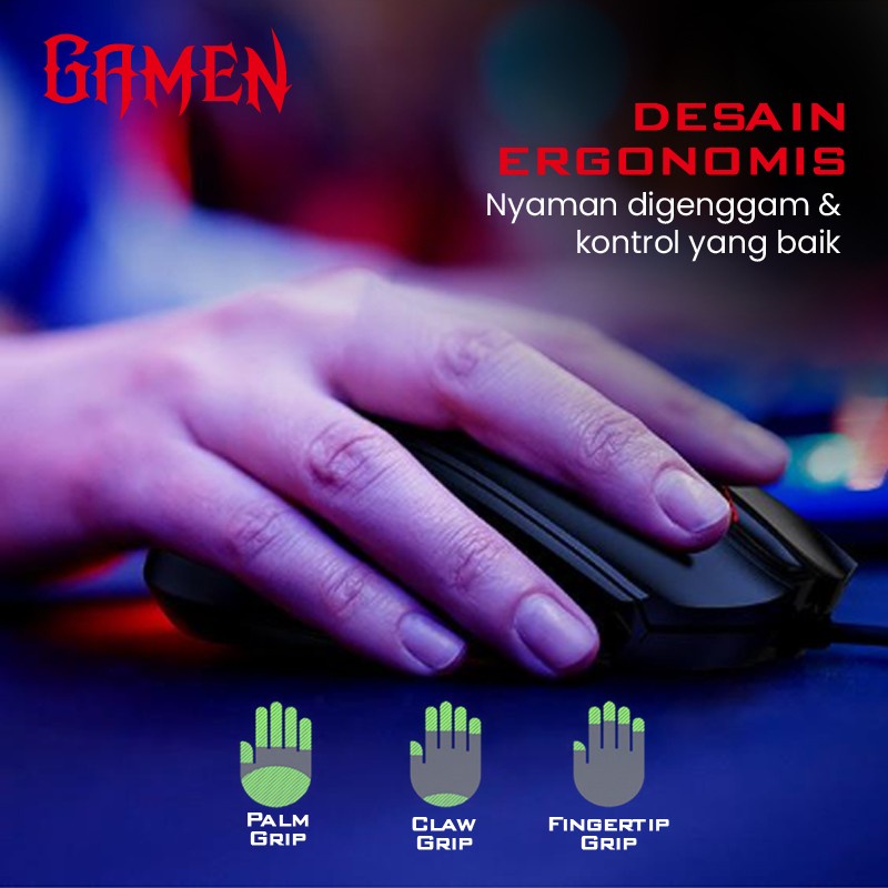 GAMEN GM100 Gaming Mouse 2000 DPI Macro Ultralight Black-Garan Garansi Original Resmi