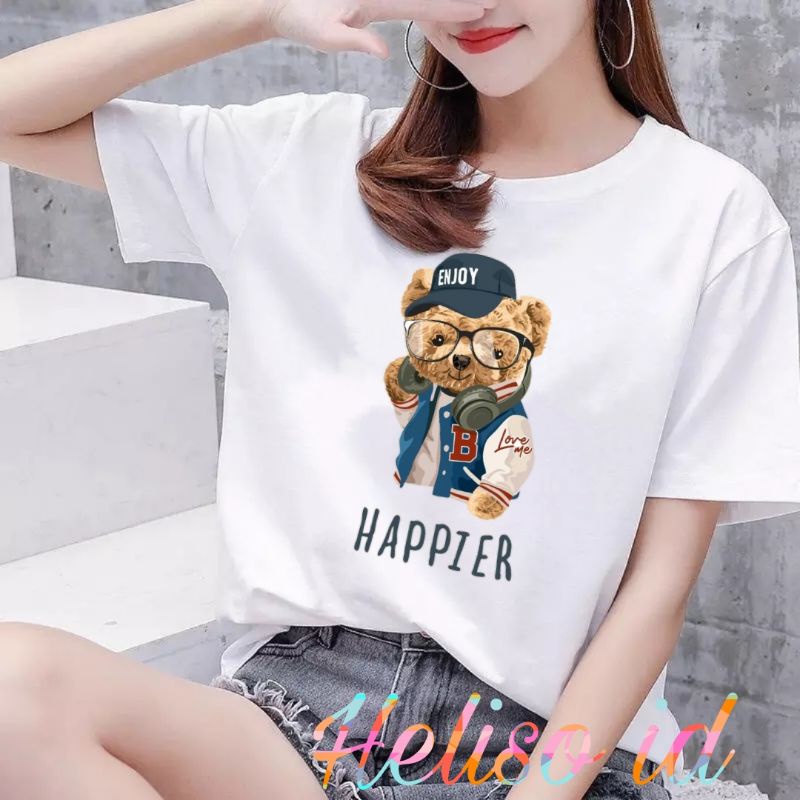 Kaos Wanita Gambar Bear Happier Baju Oblong Cewek Baju Kaos Wanita Baju Distro Cewek Atasan Wanita Murah