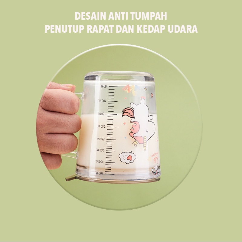 GELAS KACA SERBAGUNA MOTIF CARTOON / ANIMAL DENGAN SEDOTAN DAN PENUTUP ANTI TUMPAH 400ML DAN 500ML GELAS SUSU ANAK GELAS JUS GELAS UKURAN