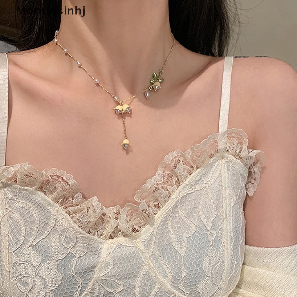 Kalung Choker Desain Bunga Anggrek Putih Hijau Aksen Mutiara Untuk Wanita