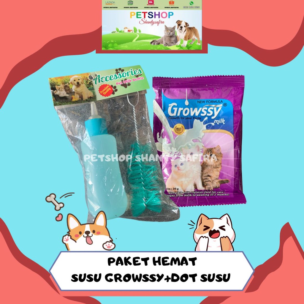 PAKET HEMAT SUSU KUCING GROWSSY 20 GR + DOT BOTOL SUSU KOMPLITE UK. 100 ML + SIKAT PEMBERSIH + DOT SILIKON CADANGAN