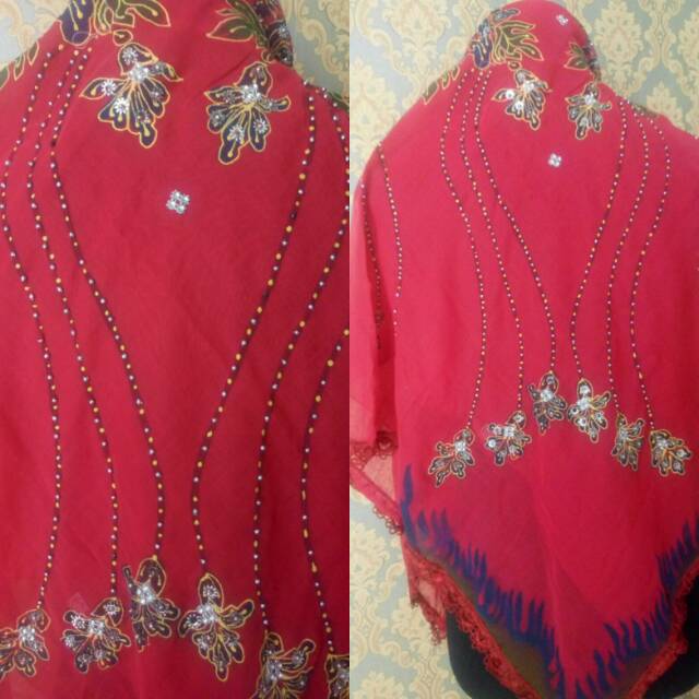 Jilbab Segiempat Merah Payet