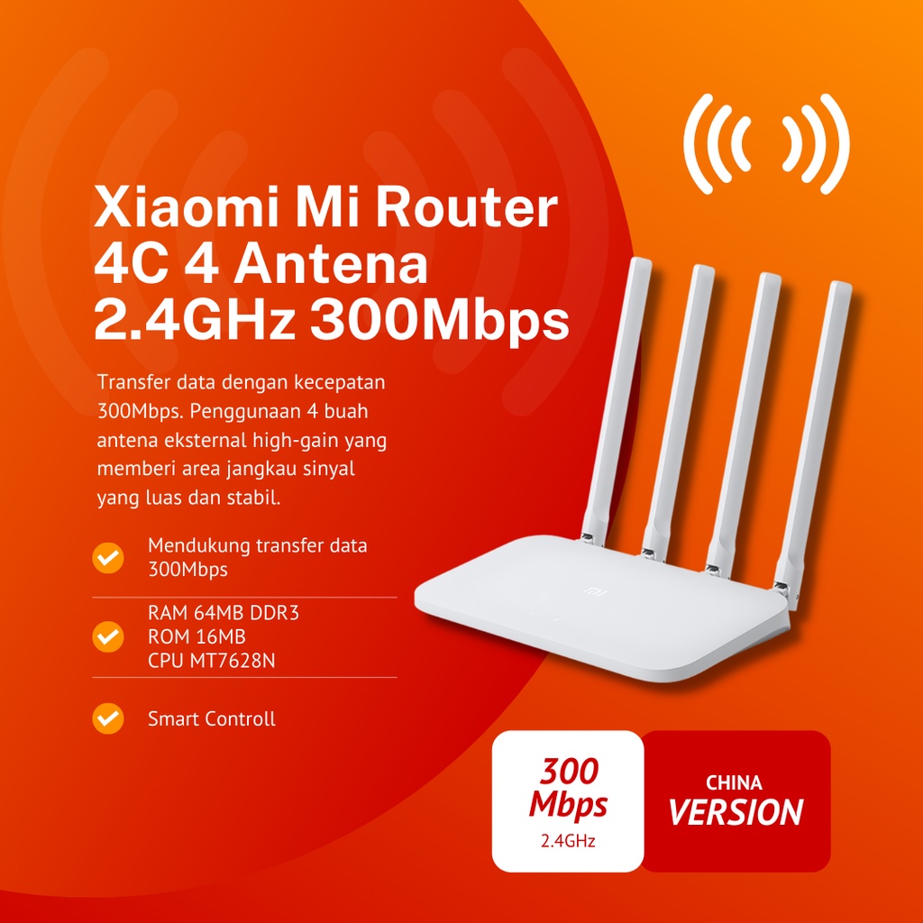 Xiaomi Mi Router 4C 300Mbps 4 Antena 802.11n 2.4GHz MT7628N