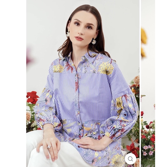 Romantic Garden Shirt with Puff Sleeve Blue Benang Jarum