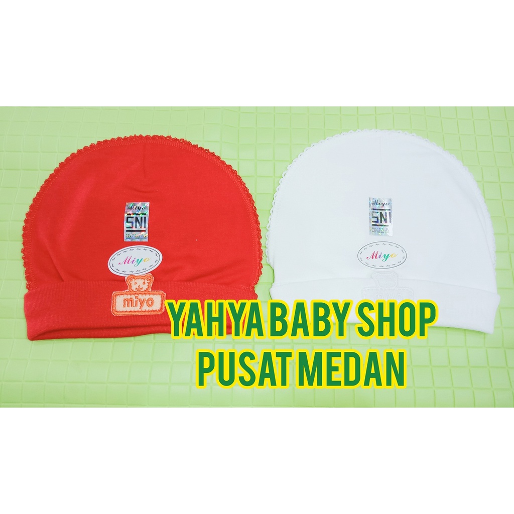 MIYO Topi Bulat Bayi/Baby Putih dan Merah Newborn (0-3M)| Perlengkapan Bayi Baru Lahir / Yahya Baby 