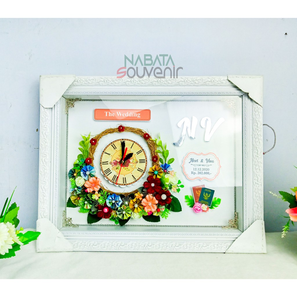 MAHAR UNIK + JAM UKURAN 12R FRAME PUTIH free Packing Kayu