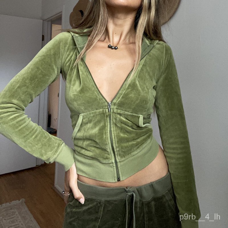 Y2K Aesthetic Velvet Tracksuit Zip Up Cropped Hoodie Jacket and Low Waist Pants Two Piece Sets Women