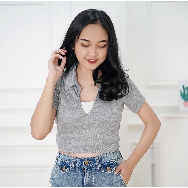 Tq88indonesia Fashion Blouse  Crop Kerah Terbaru / ESTRELLA CROP TOP KAOS PENDEK WANITA / Baju Kerah Wanita Kekinian / Blouse Lengan Pendek / Baju Atasan  Crop Wanita  / Ootd / Baju Santai Cewek / Baju Crop Wanita