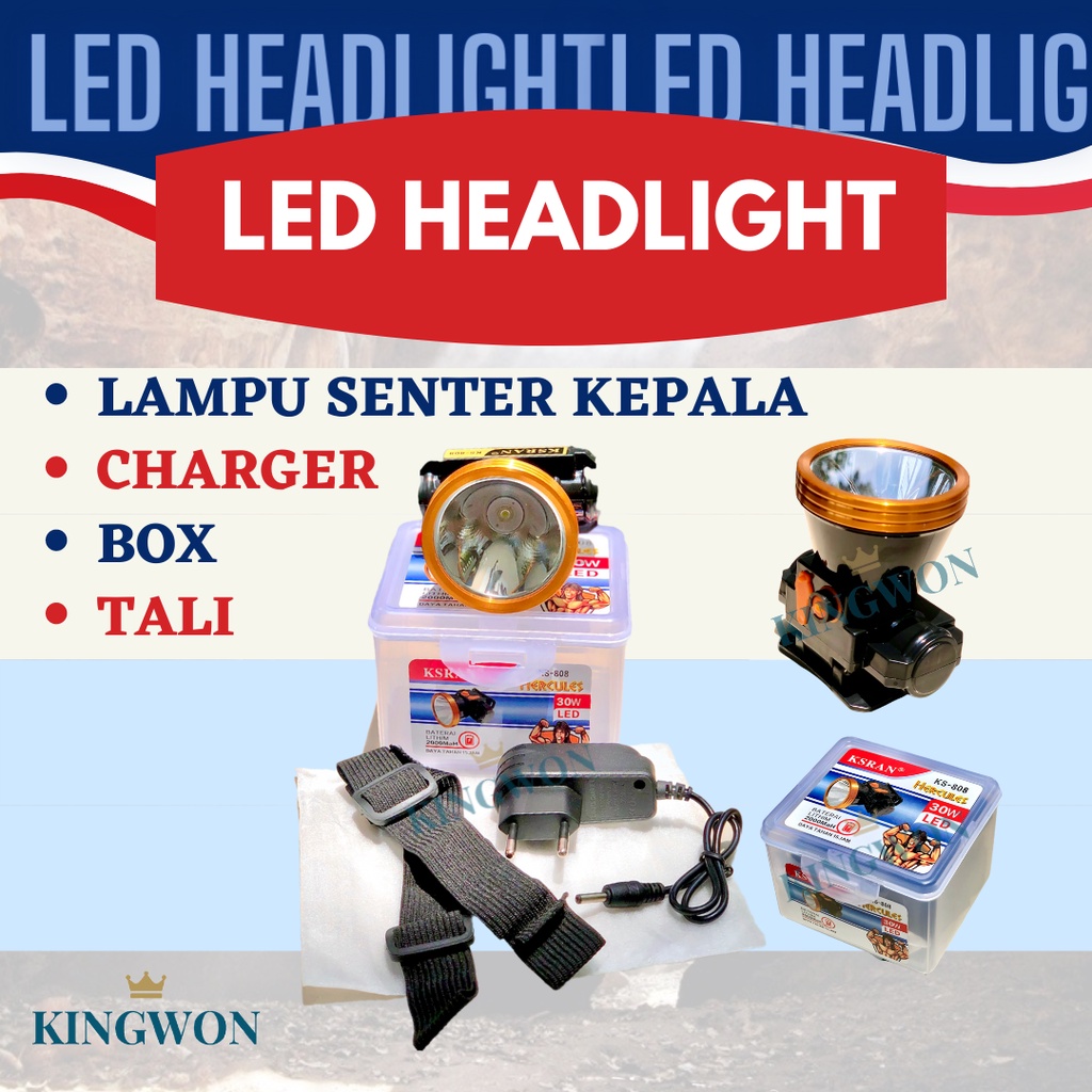 SENTER KEPALA 30 WATT HEADLAMP LAMPU LED SUPER TERANG CAHAYA PUTIH OUTDOOR BISA CHARGE HIGH QUALITY MURAH