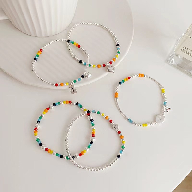 Gelang Manik-Manik Bahan Metal Warna Pelangi Desain Awan Hati Beruang