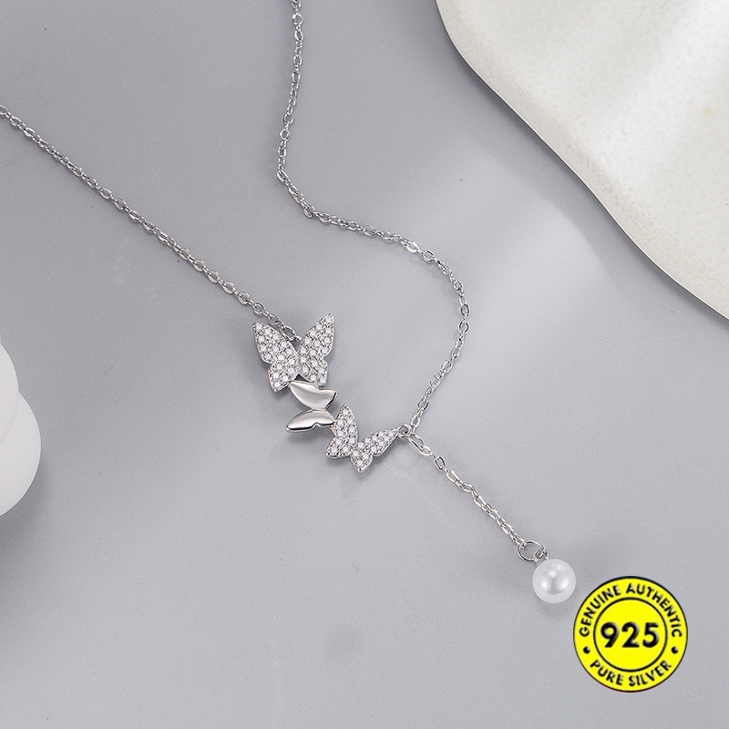 Kalung Rantai Sterling Silver 925 Dengan Liontin Kupu-Kupu + Mutiara + Berlian Untuk Wanita