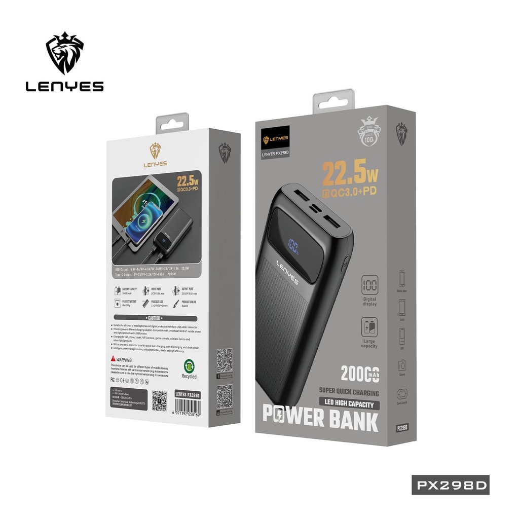 LENYES PX298D Powerbank 20000mAh 22.5W QC3.0 + PD 20W SUPER QUICK FAST CHARGING digital display indicator real capacity power bank original