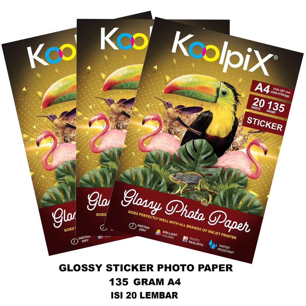 Glossy Photo Paper Sticker merk KOOLPIX 135 Grams Isi 20 Iembar A4