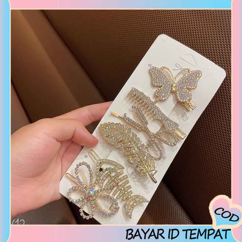 COD❤️ Fishbone Hairpin 6-Piece Set Aksesoris Rambut Vintage Set Dengan Diamond Pearl Edge Clip Bebek Paruh Clip-A.one