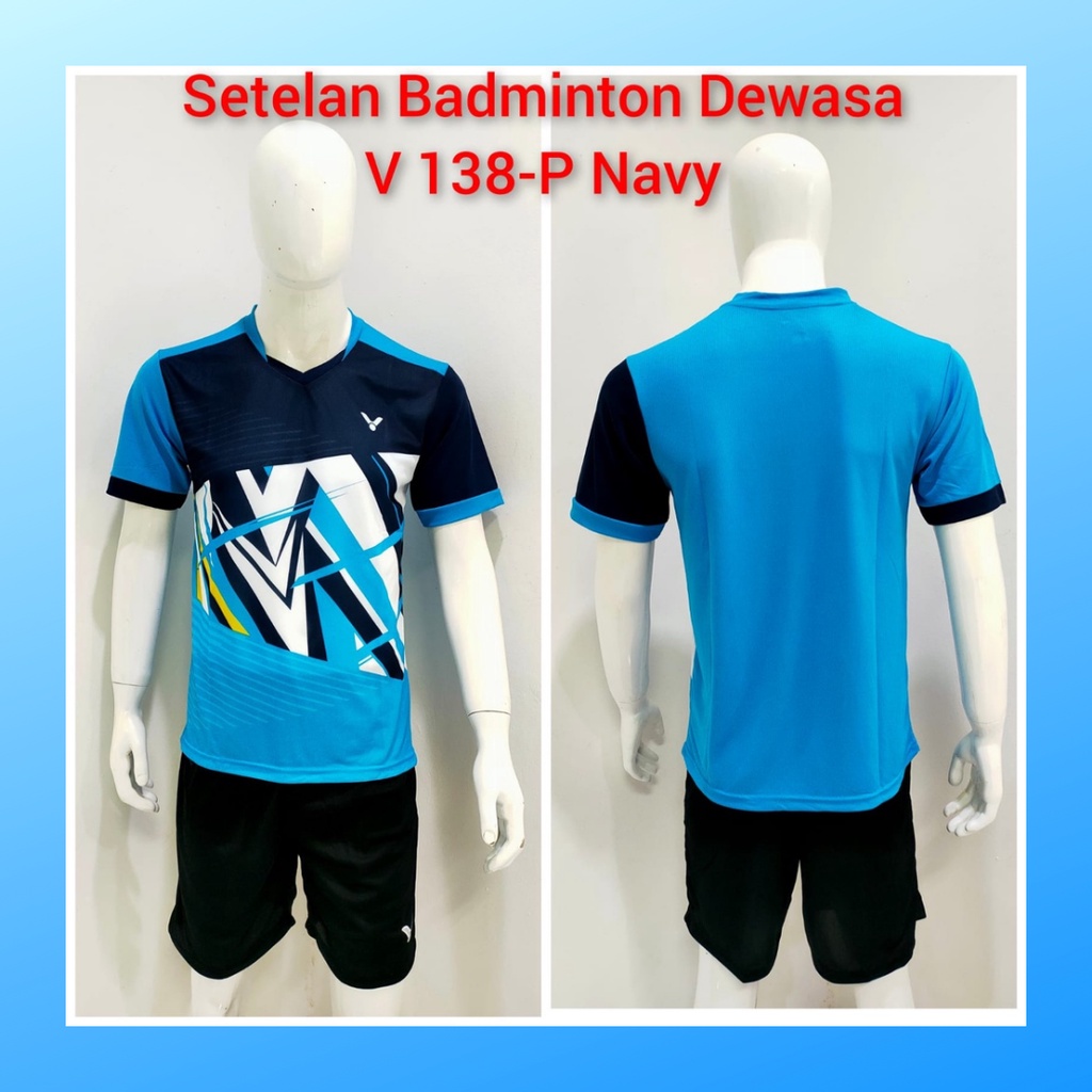 Kaos bulutangkis pria baju badminton dan celana jersey setelan wanita dewasa t-shirt outfit seragam jarsey kostum olahraga pakaian apparel sport jersy bulu tangkis casual jersi sudirman cup suit V138 navy polos