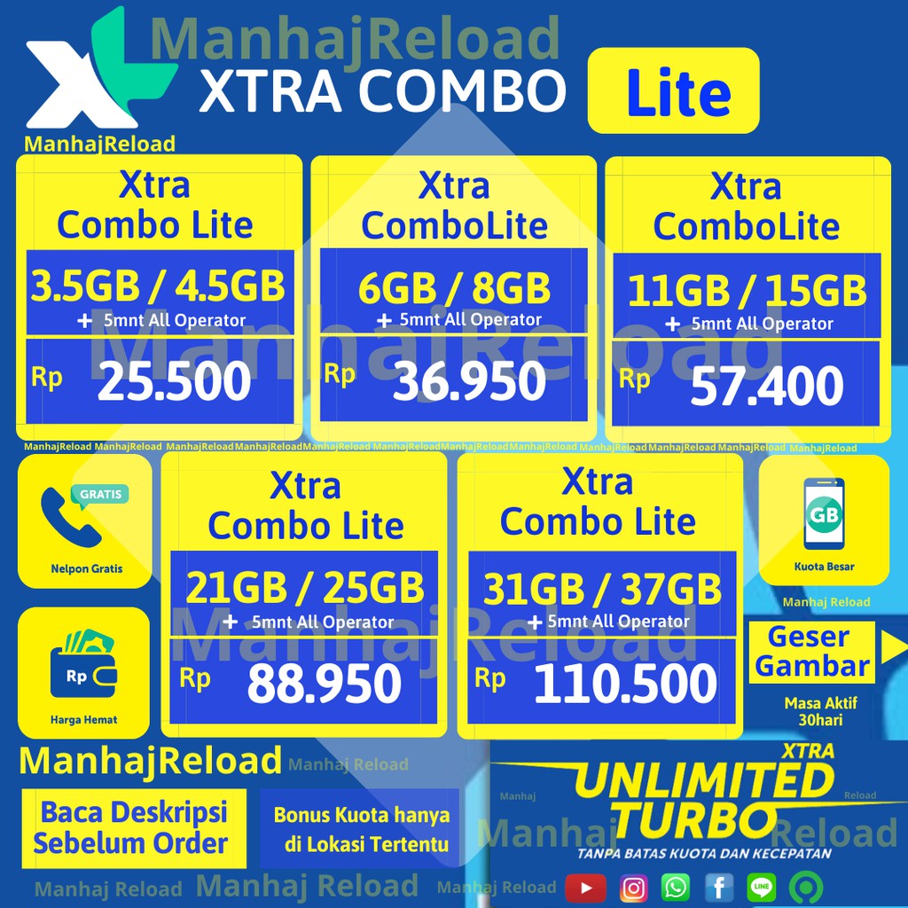  MURAH  XL INJEK XTRA COMBO LITE : 3.5GB/4.5GB, 6GB/8GB, 11GB/15GB, 21GB/25GB, 31GB/37GB ...