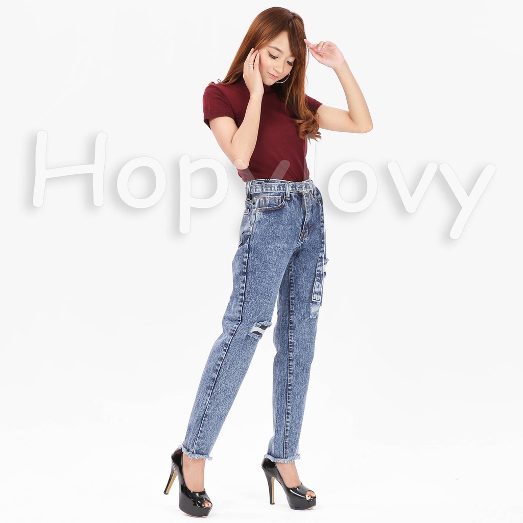 HOPYLOVY Celana Boyfriend Jeans Wanita Saida termasuk Belt