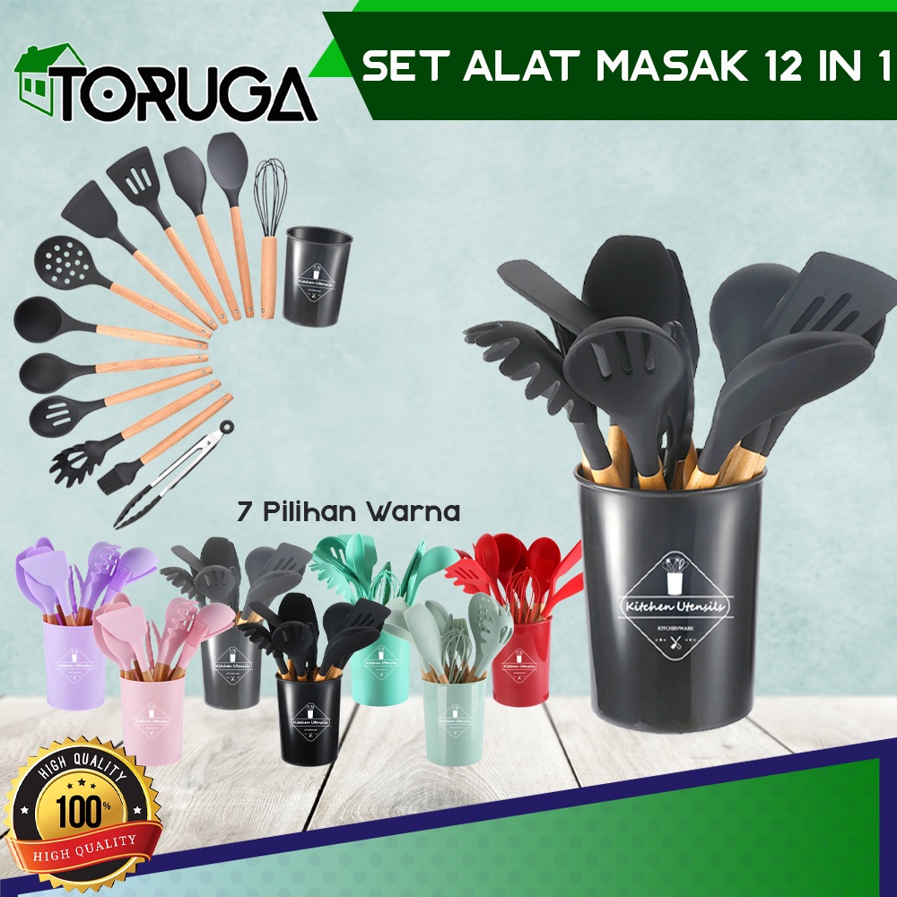 Peralatan Memasak Utensil Set 12Pcs Masak Silikon Sutil Spatula Anti Lengket Tahan Panas