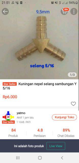 Nepel Sambungan Selang Y Cabang 3 Diameter 9,5 Mm Untuk Selang  5/16