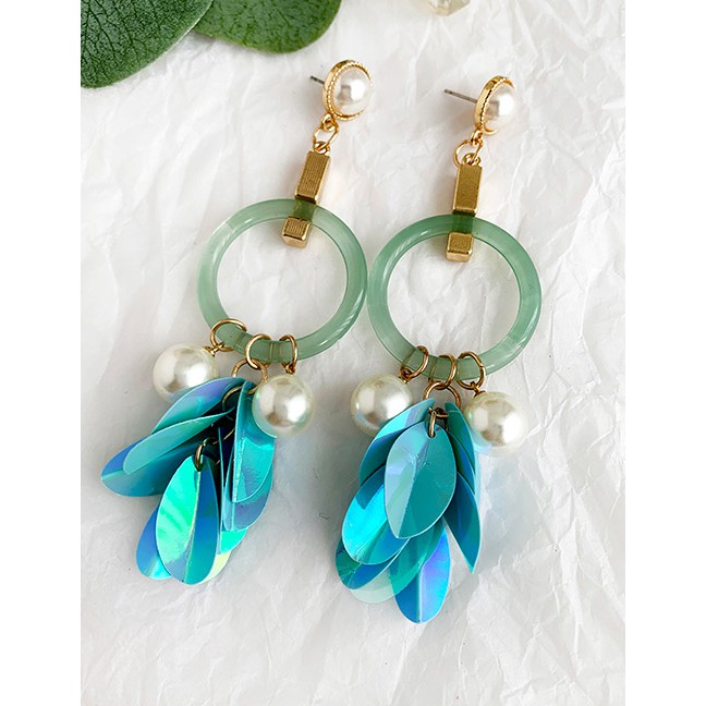 LRC Anting Tusuk Fashion Lake Blue Alloy Resin Pearl Sequin Tassel Earrings F76569