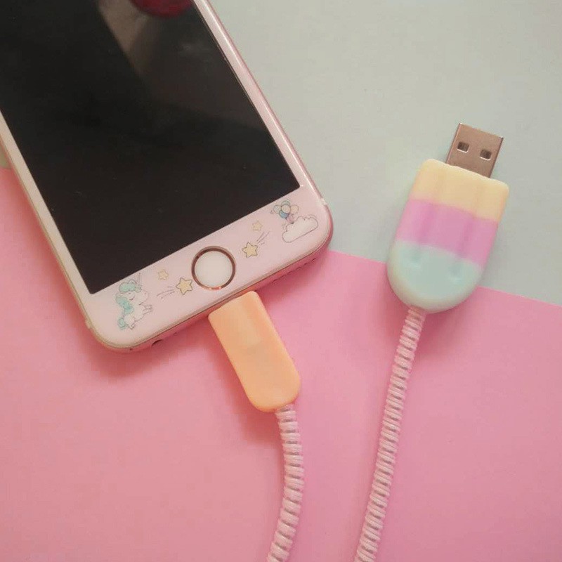 Pelindung Kabel data / Charger USB Bentuk Es Krim Warna-Warni Untuk iPhone 12 11 6 7 8 X