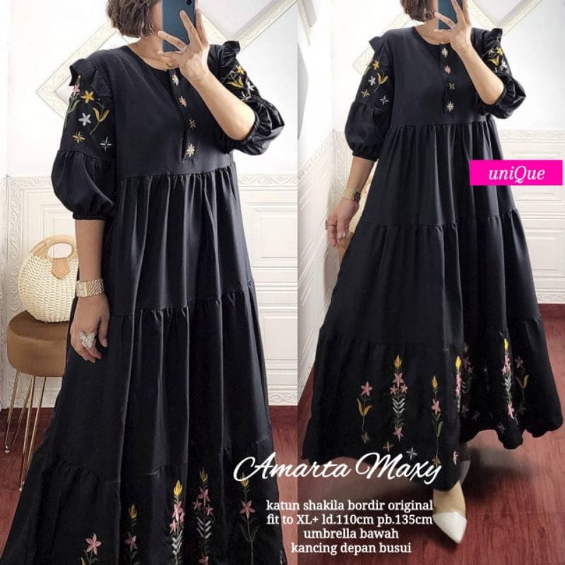 Baju Wanita Terbaru Amarta Maxy Dress Korean Style Gamis Shakila Aplikasi Bordir Long Dress Muslim Busui Friendly