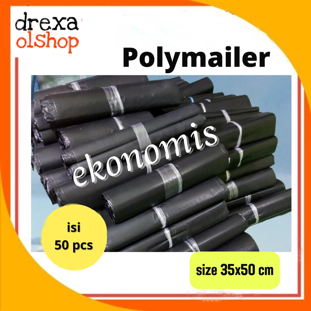 

[Ekonomis] 35x50 cm Polymailer hitam ekonomis isi 50 pcs / plastik packing onlineshop hitam dengan lem