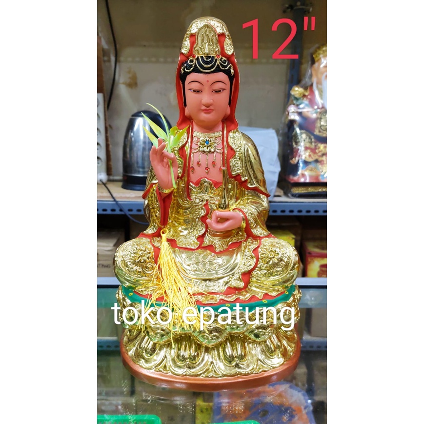 patung dewi kwan im / guan yin / kwan in - emas - 12 inch - kayu mk