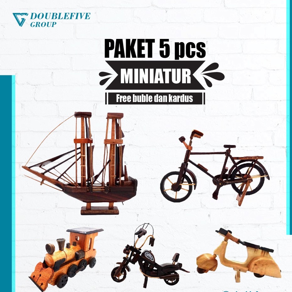 Miniature Paket E isi 5pcs - Miniatur dari Kayu [Becak,Vespa,kapal Pinisi,Sepeda,Kereta,Harley]