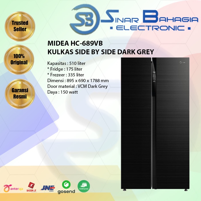 MIDEA HC-689VB KULKAS SIDE BY SIDE DARK GREY (NEW) ( KHUSUS BANDUNG)
