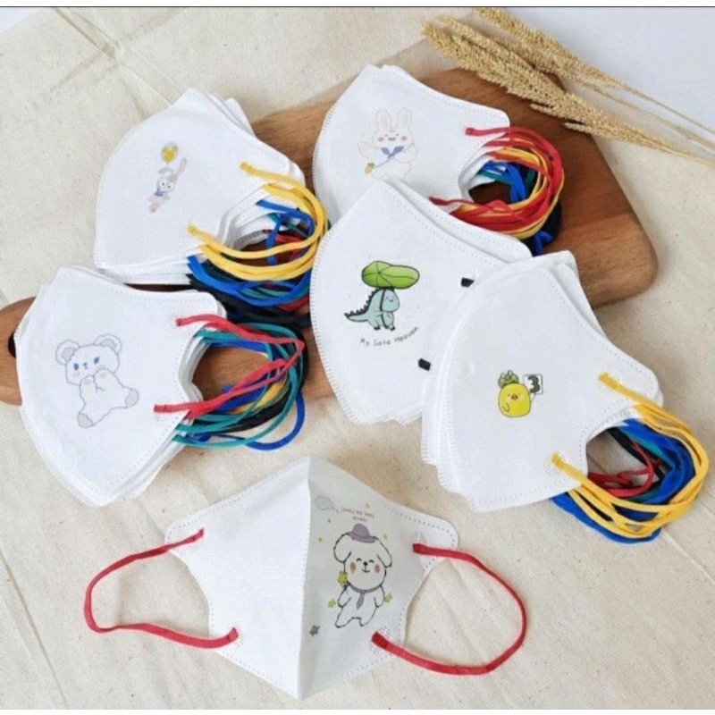Masker Duckbill Anak Anak Putih - Masker Anak Duckbill Model KN95 Tali Warna Warni ISI 10 PCS 4-12th