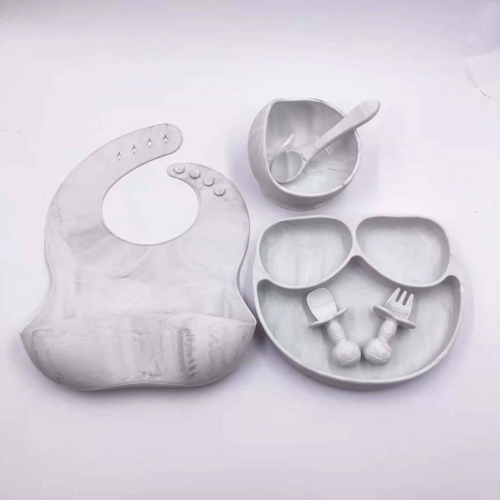 Peralatan Makan Bayi Silicone Set 4in1 Food Grade Baby Feeding Set Suction Piring Suction