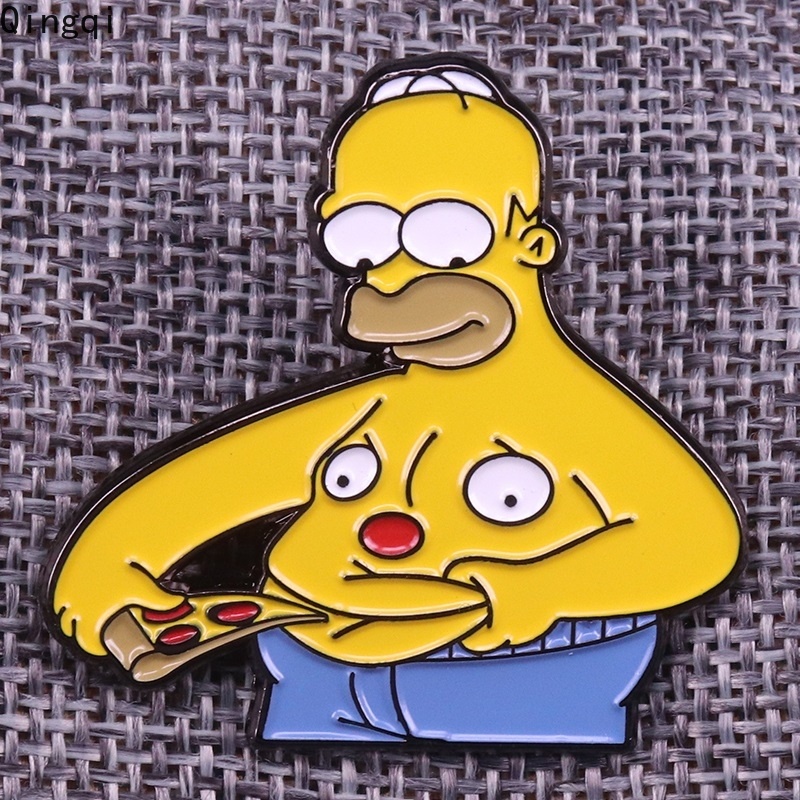 Homer Bros Pin Enamel Desain Kartun Tv Anime Simpson Eating Pizza Fatso Belly 8090s