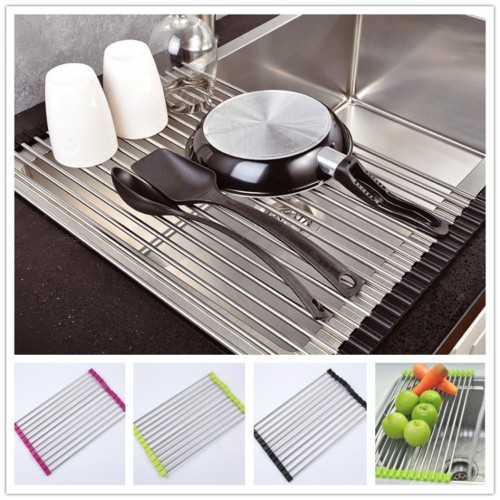 OVER THE SINK KITCHEN DISH DRAINER DRYING RACK ROLL-UP FOLDINNG STAINLESS STEEL