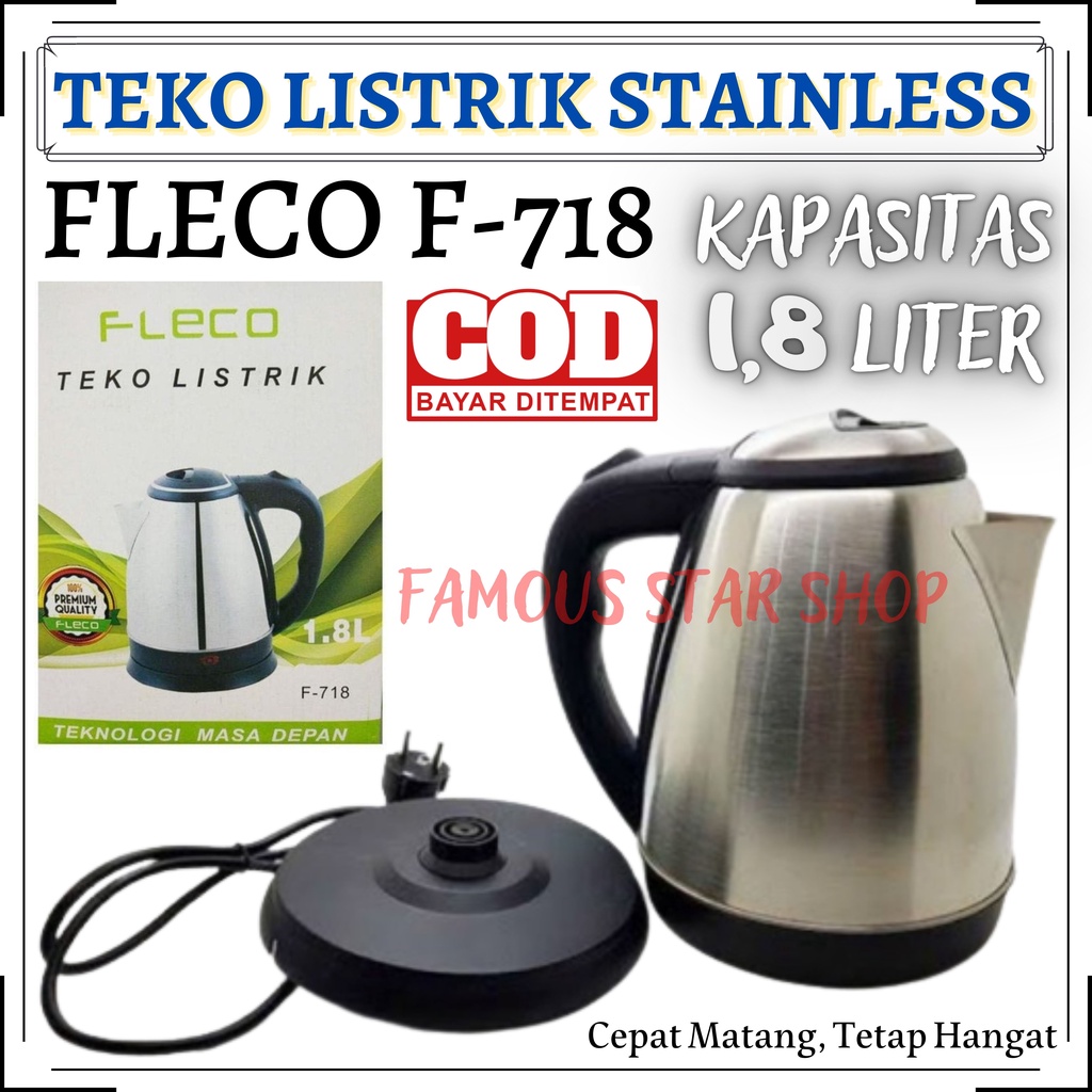 Fleco F-718 Teko Listrik Stainless Steel - Teko Listrik Fleco F 718 Pemanas Air Anti Karat - Mug Electric Heating Cup Termos Kapasitas 1.8 Liter | FMS