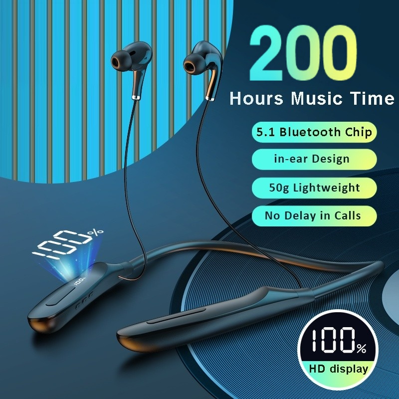 （COD）Neckband Sport Bluetooth Earphone Headset Full HD Audio 200H Headphone Garansi Resmi Endurance Headphones Stereo Bass Wireless Earphones Power LED Display