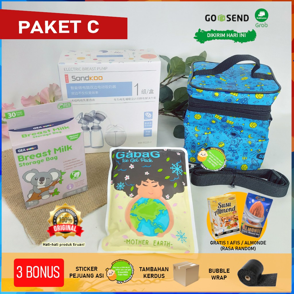 [TERLARIS] Paket C Pompa ASI Elektrik Double + Tas + Kantong ASI GEA + Ice Gel GABAG