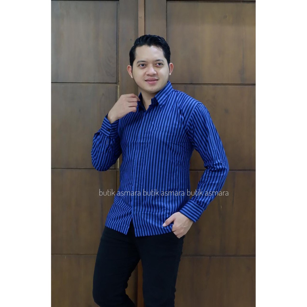 Premium Kemeja Batik Pria Lengan Panjang Lapis Furing Butik Asmara Lurik Biru