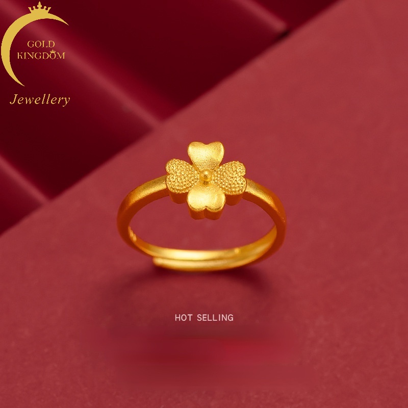 Cincin Desain Clover Lapis Emas Emas Asli Kadar 375Gaya Korea Untuk Wanita