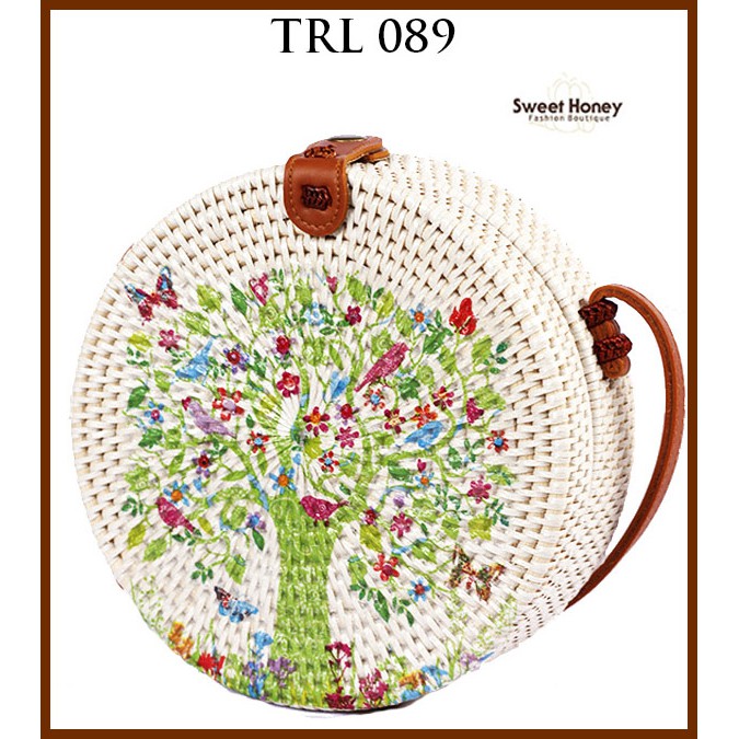 Sweet Honey ~ Grosir Tas Rotan Bali Bulat Lukis Decoupage Bunga Flower TRL089 [Bisa COD Bayar di tempat]