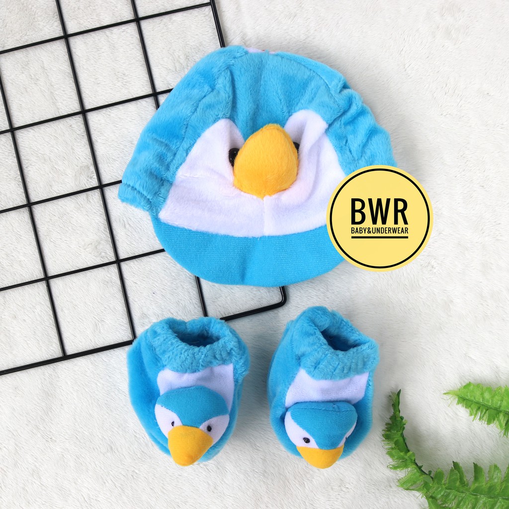 Topi Set Bulu OKIYO Character | 0-3 Bulan Topi Bayi Kaos Kaki Newborn Bulu Motif Pet - Bwr IX