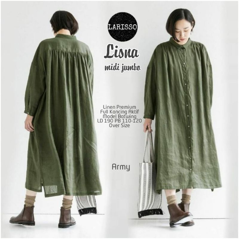 Lisna midi dress katun linen jumbo batwing free size full kancing
