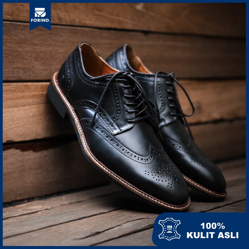 Sevilla Black | Sepatu Kulit Asli Formal Casual Kantor Pria Cowok Men Wingtip Ori | FORIND Zapato