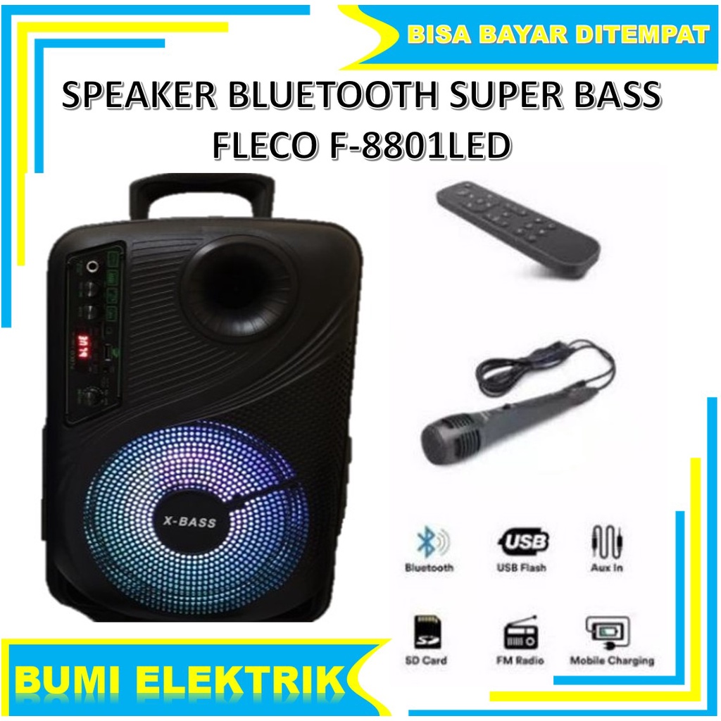 Speaker Bluetooth Karaoke Fleco F-8801 LED 8,5 Inch Gratis Microphone Super Bass Salon Bluetooth SPEAKER KARAOKE WIRELESS