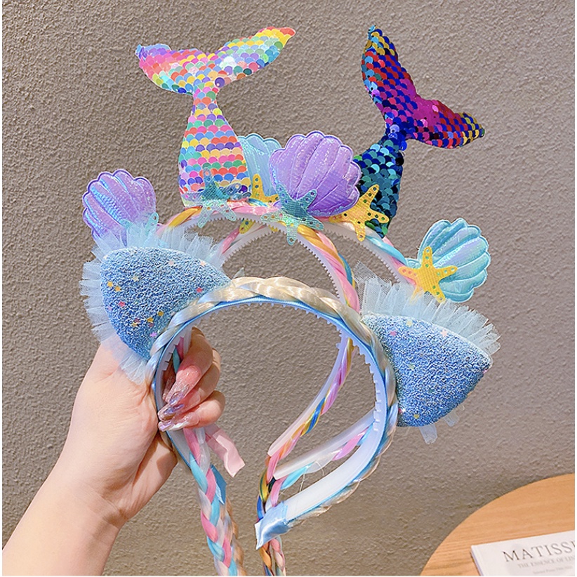 babyfit bando kepang LED anak perempuan bando lampu dengan rambut ekstension mermaid unicorn pn-930