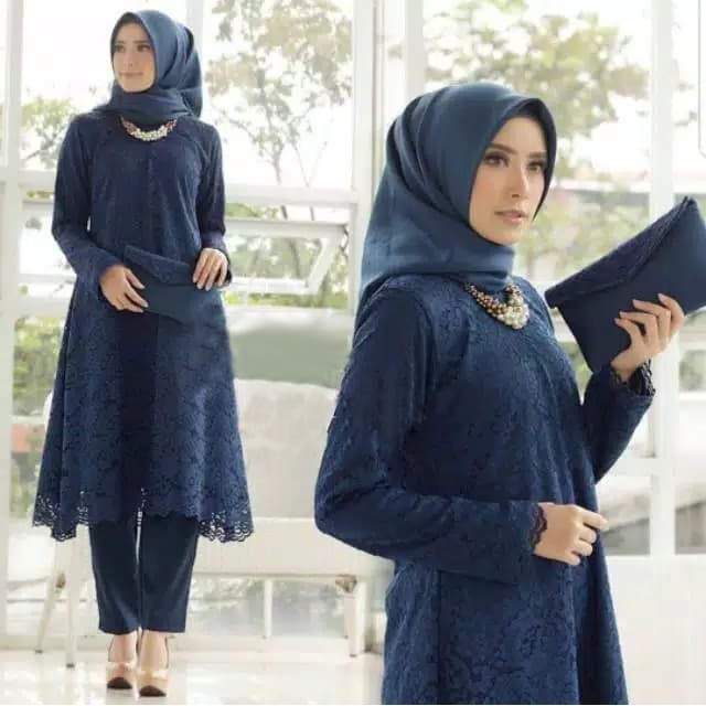 [PREMIUM MARIANE NAVY SL] Tunik kebaya wanita brukat navy
