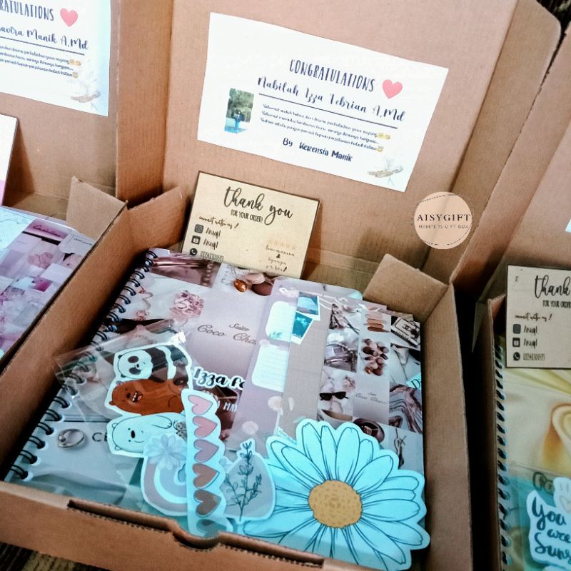 

KADO ULANGTAHUN NOTEBOOK CUSTOM GIFT BOX SIDANG SEMPRO SEMHAS WISUDA HAMPERS BUKU NOTES CUSTOM