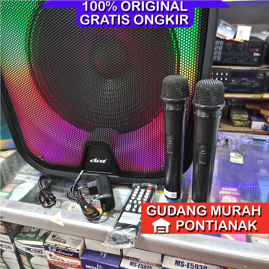 Speaker Bluethoot DAT 15&quot; PENUH WARNA LED BERGERAK Bonus 2 Mic Wireless ukuran 15inch Troly DT 1515 COLOR FULL