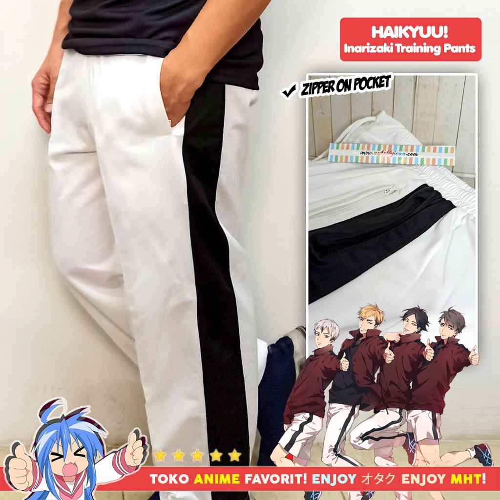 Celana Sport Training Pants Anime Cosplay Putih Garis Hitam Inarizaki